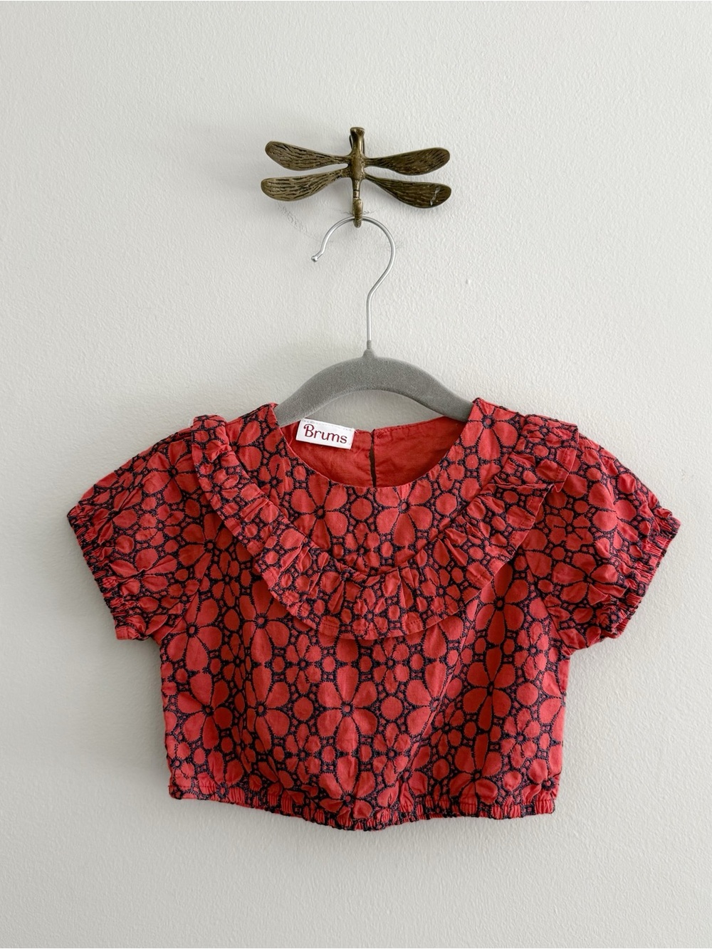 Brums Red Floral Embroidered Ruffle Crop Top size 18m toddler